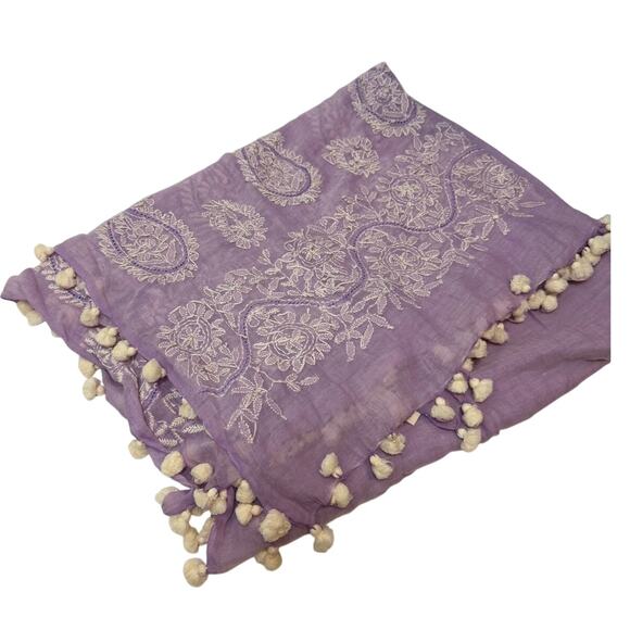 Indigo Handloom Purple Embroidered Pom Pom Scarf 34x70" - Picture 2 of 6